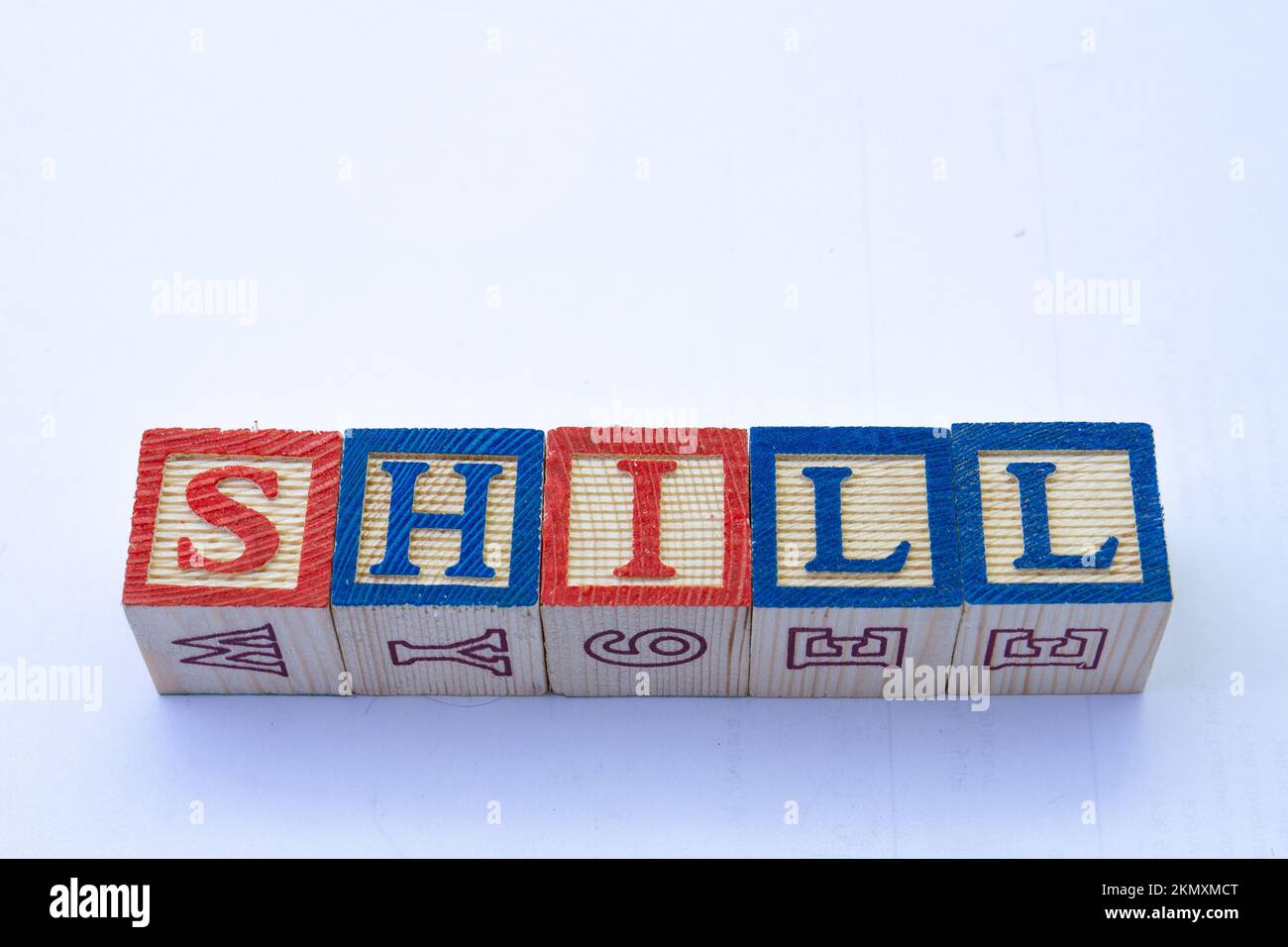 Il termine shill viene visualizzato visivamente su uno sfondo chiaro con spazio di copia Foto Stock