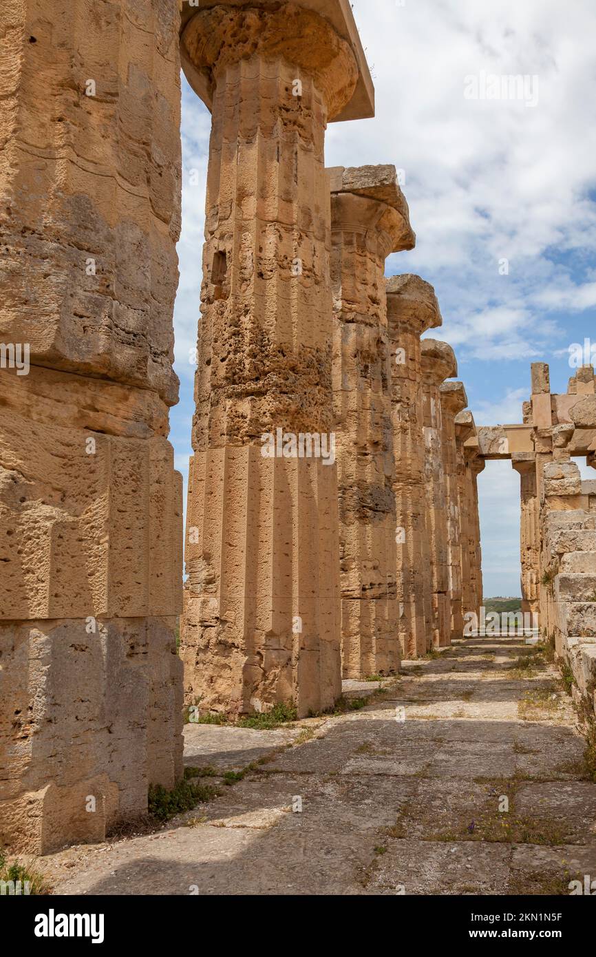 Sito archeologico, colonne del Tempio e, Selinunte, Provincia di Trapani, Sicilia, Italia, Europa Foto Stock