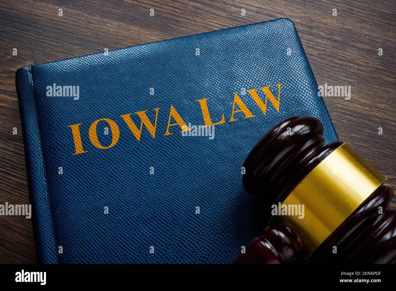 Libro di legge dell'Iowa e gavel sul tavolo. Foto Stock