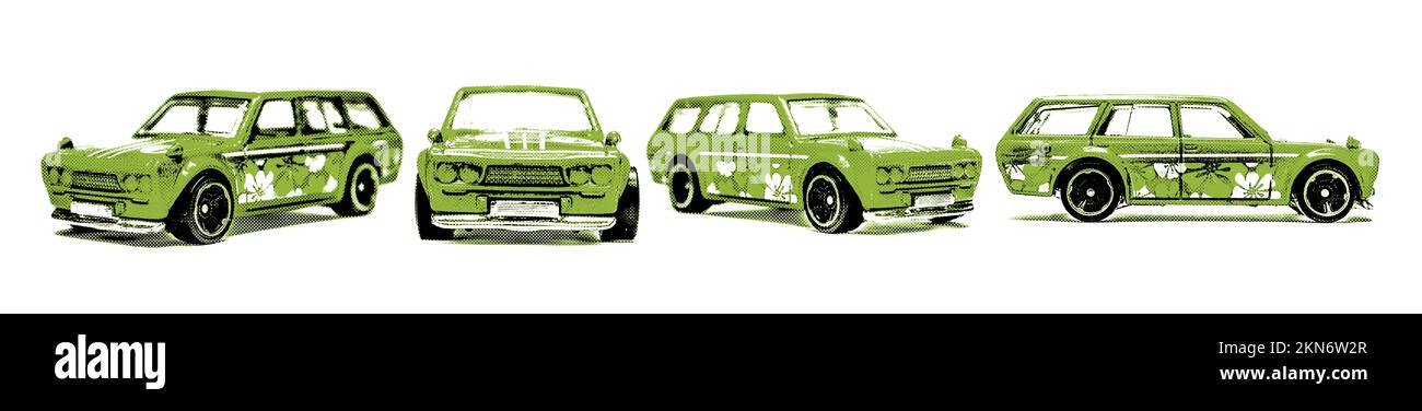 Pop art fumetto su una linea di 1971 Datsun 510 carri in stile retrò tipico Foto Stock