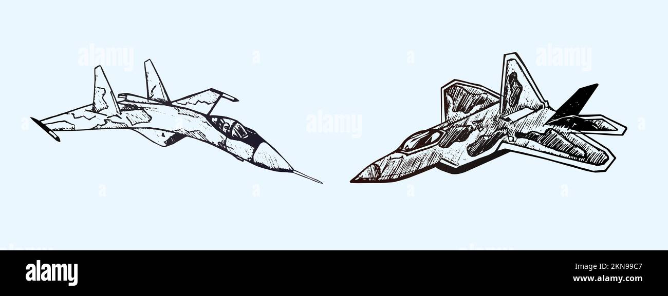 Aeroplano militare su e Raptor, disegno a mano doodle, illustrazione isolata del contorno Foto Stock