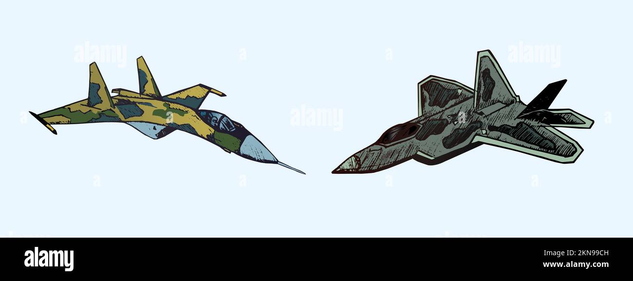 Aeroplano militare su e Raptor, disegno a mano doodle, illustrazione a colori isolata Foto Stock