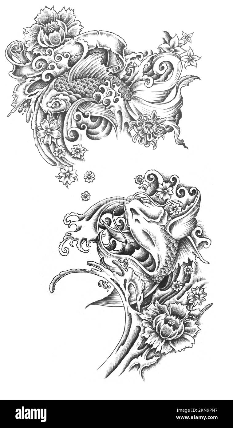 Un set di tatuaggi ispirati ai pesci koi Foto Stock