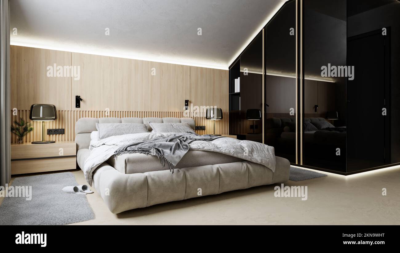 Moderno design interno di camera da letto a soffitto inclinato con parete in legno e armadio nero lucido, rendering 3D, illustrazione 3D Foto Stock