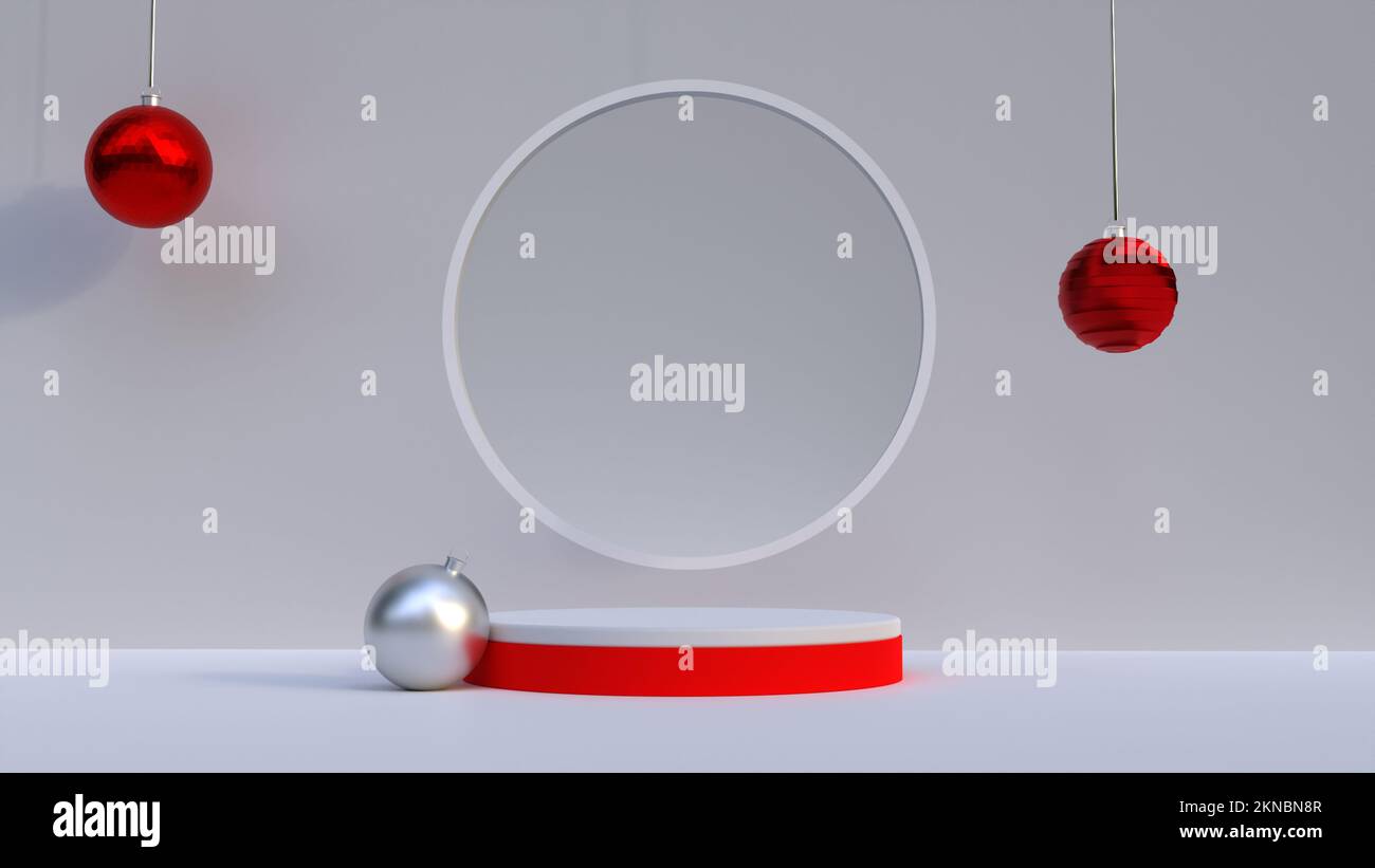 Isolare la vetrina del prodotto podio 3D rendering concept art, bianco e rosso palcoscenico per la presentazione del prodotto di Natale 3D illustrazione, minimal realistic Foto Stock