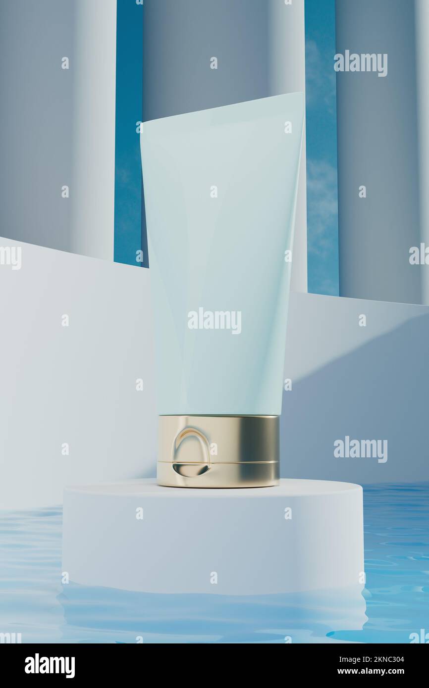 Beffa di un tubetto di crema sul podio con acqua 3D Foto Stock