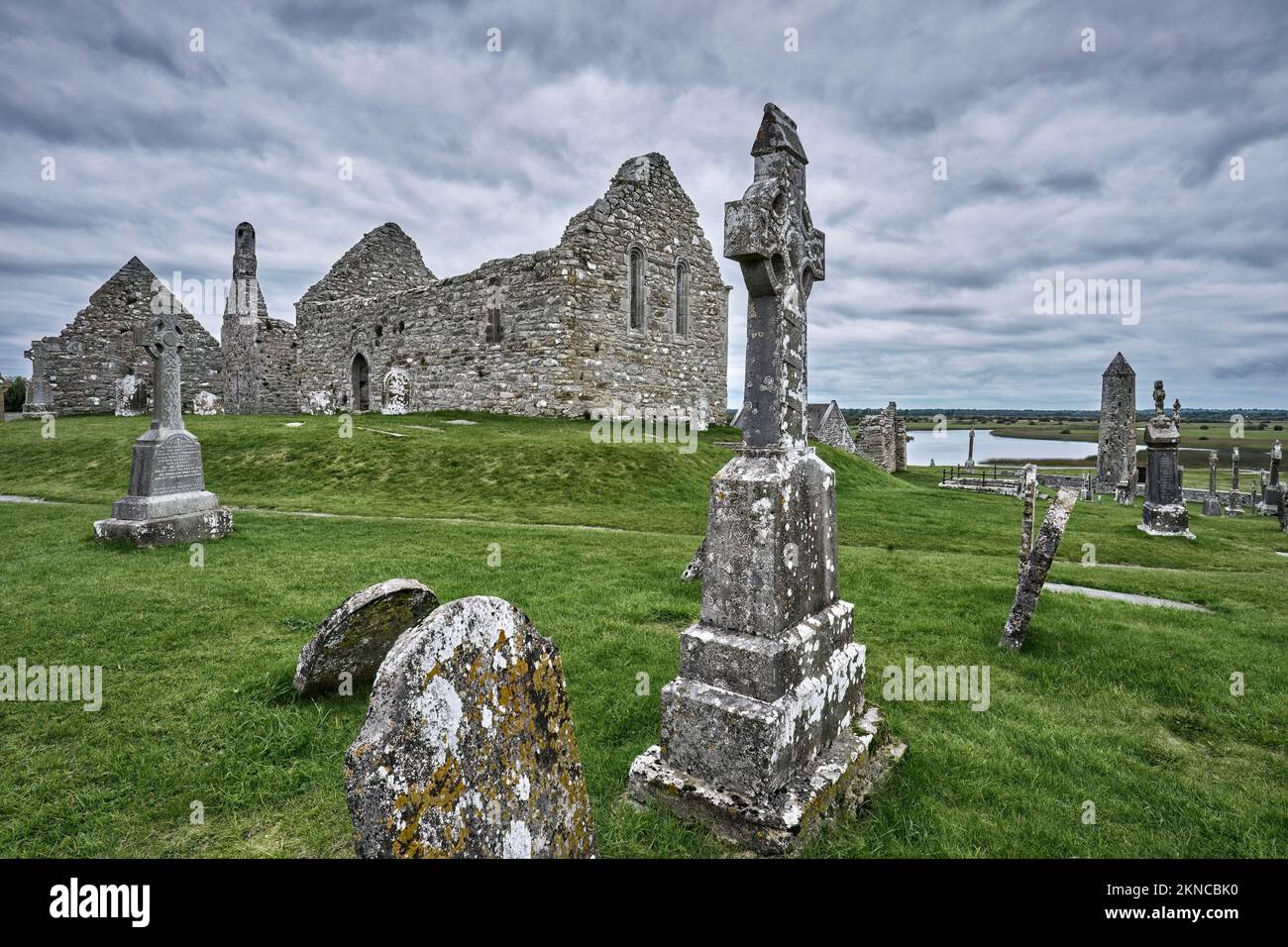 Antico monastero rovina e cimitero di Kilmacduagh in Gort, Contea di Galway, Repubblica d'Irlanda Irlanda Foto Stock