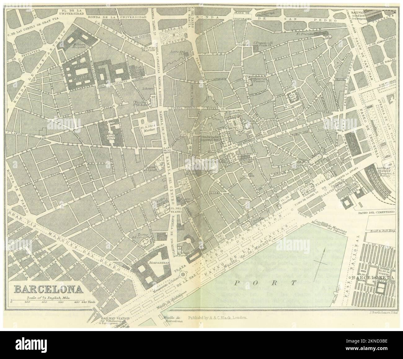 Pianta vintage della città di Barcellona e zona intorno ad essa dal 16th °-18th ° secolo. Le mappe sono ben illustrate a mano e incise mostrandola al momento. Foto Stock