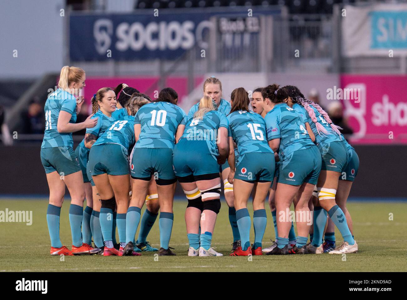 Londra, Regno Unito. 27th Nov 2022. Wasps Womens team talk durante la partita femminile di Allianz Premier 15 Saracens Women vs Wasps Women allo StoneX Stadium, Londra, Regno Unito, 27th novembre 2022 (Photo by Richard Washbrooke/News Images) a Londra, Regno Unito, il 11/27/2022. (Foto di Richard Washbrooke/News Images/Sipa USA) Credit: Sipa USA/Alamy Live News Foto Stock