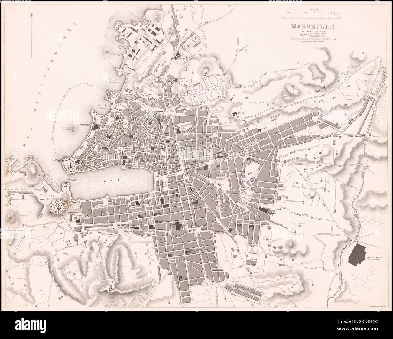 Piano vintage della città di Marsiglia e la zona intorno al from19th ° secolo. Le mappe sono splendidamente illustrate a mano e incise mostrando la città al momento. Foto Stock