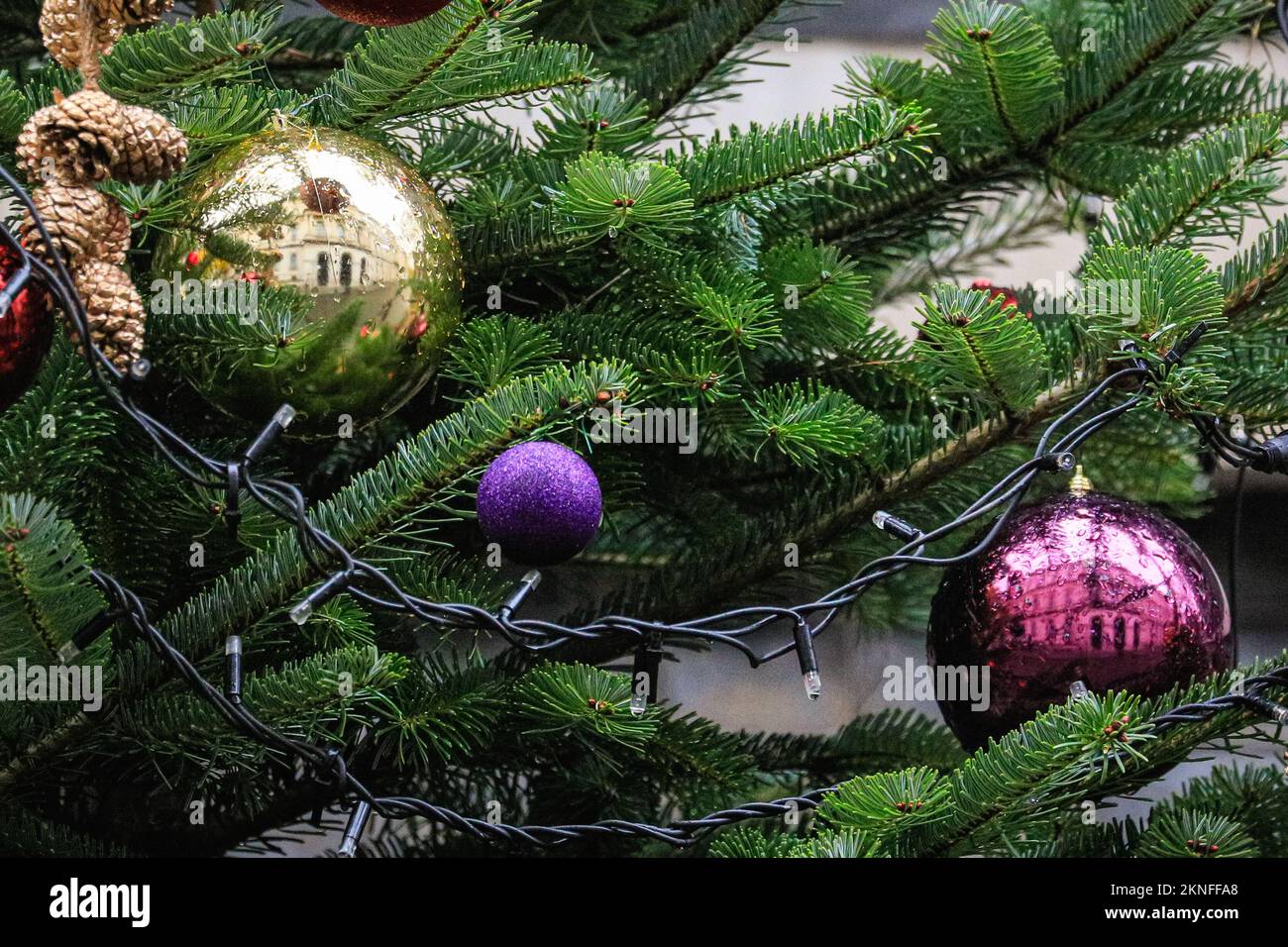 Londra, Regno Unito. 27th Nov 2022. Il Ministero degli Esteri si riflette in baubles. L'albero di Natale di Downing Street è in su e decorato con i baubels colorful, dando alla strada altrimenti grigia un tocco festivo malgrado il tempo miserabile. Credit: Imageplotter/Alamy Live News Foto Stock