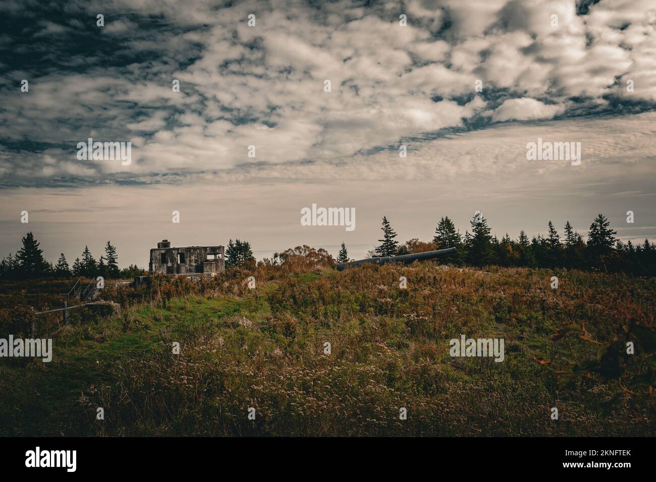 Gun Emplacements 3 e 4, Radar Building, Left Magazine e Crew Shelter, Fort McNab National Historic Site McNabs Island, Nuova Scozia Foto Stock