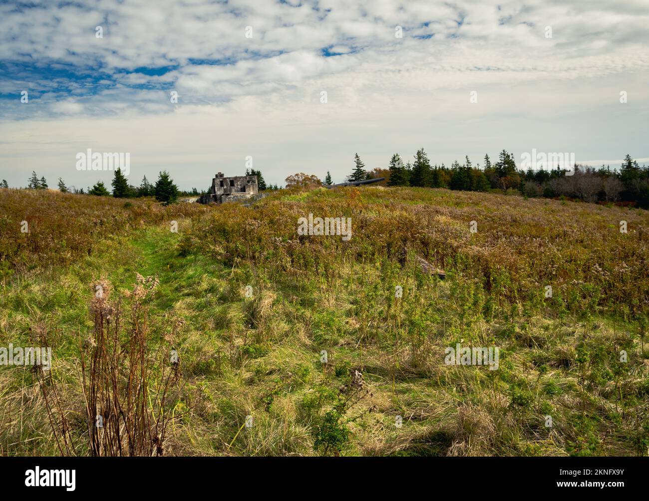 Gun Emplacements 3 e 4, Radar Building, Left Magazine e Crew Shelter, Fort McNab National Historic Site McNabs Island, Nuova Scozia Foto Stock
