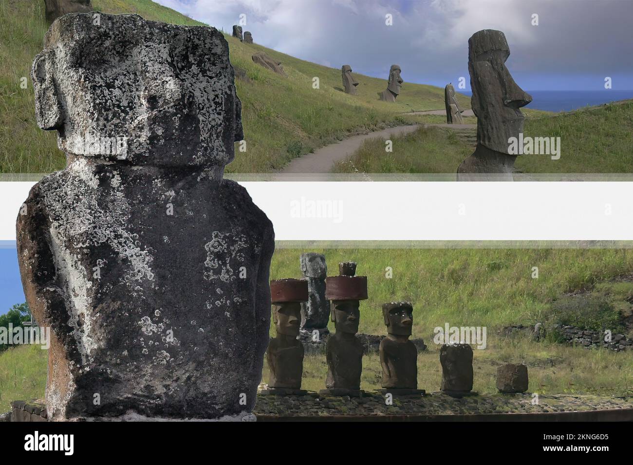 Statue Moai nel Vulcano Rano Raraku nell'Isola di Pasqua, Parco Nazionale di Rapa Nui, Cile Foto Stock