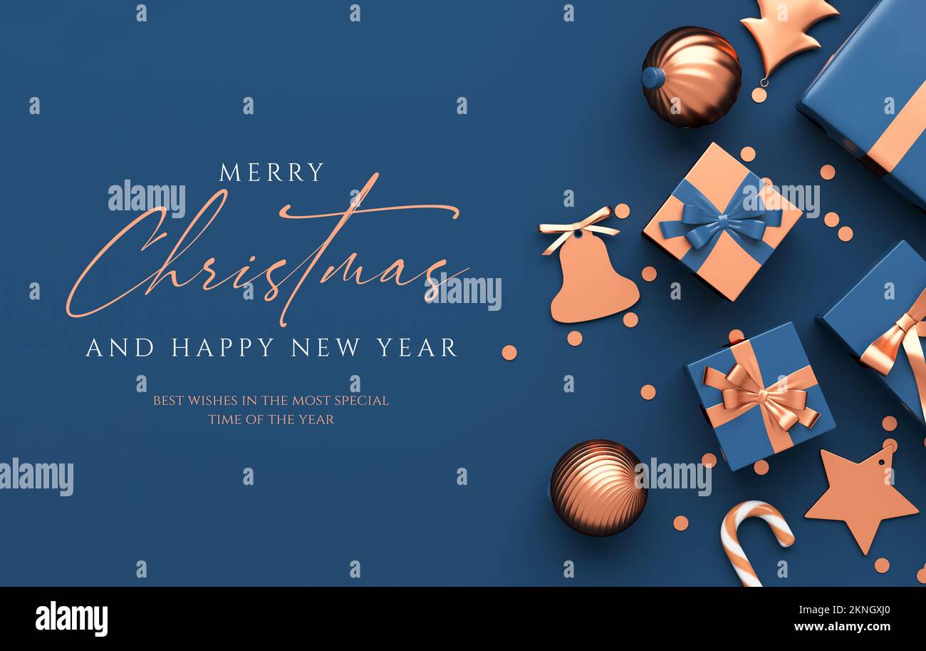 Allegro modello di banner natalizio con regali e ornamenti d'oro su sfondo blu a giacitura piatta. Natale e felice nuovo tipo di anno per il design del volantino nel 3D re Foto Stock