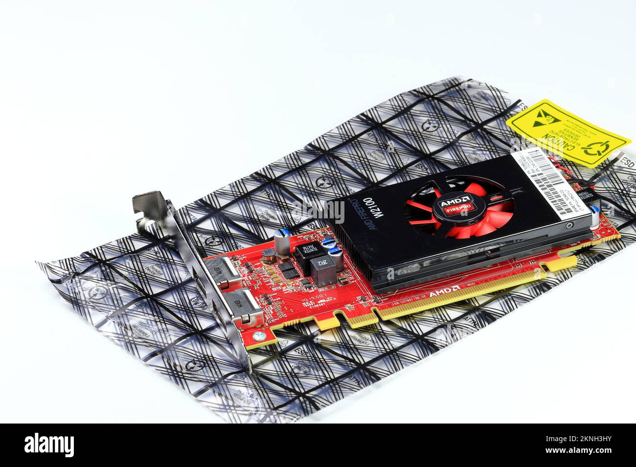 Scheda video grafica professionale, scheda video grafica ad alte prestazioni per computer workstation su contenitore antistatico o sacchetto esd isolato su bianco. Foto Stock