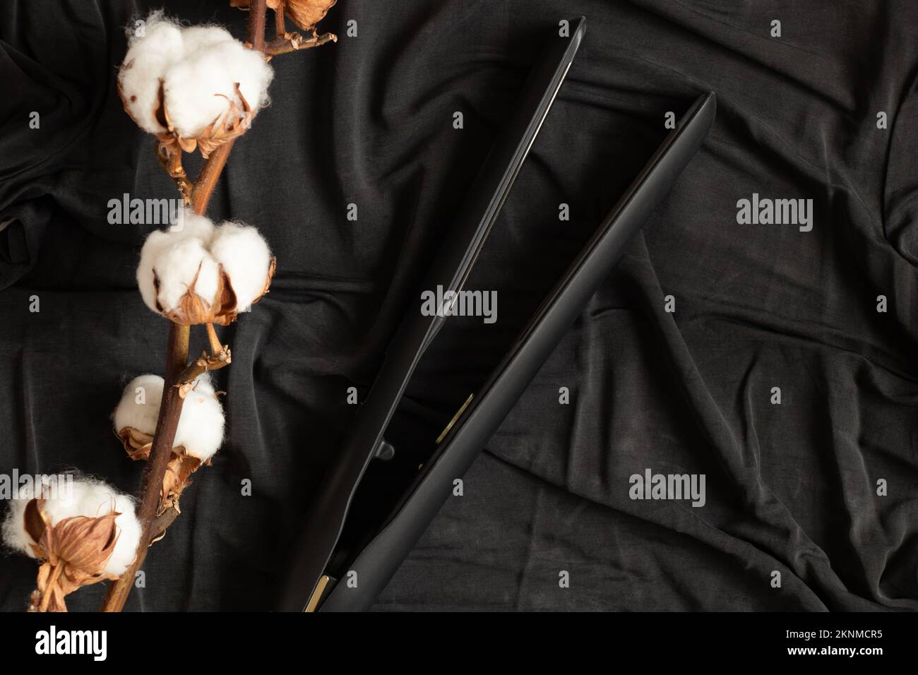 Ferro da stiro si trova su un panno grigio e un ramo di cotone secco è vicino, capelli caldi raddrizzatura, salone di bellezza Foto Stock