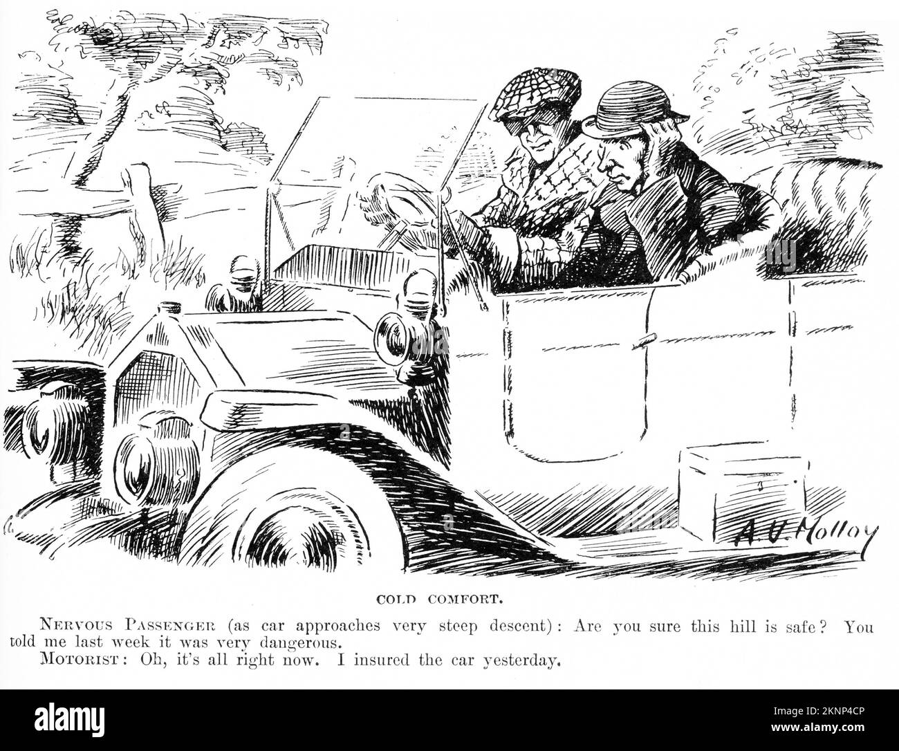 Incisione di un conducente che assicura al passeggero che la strada è sicura in quanto è appena assicurato l'auto Foto Stock