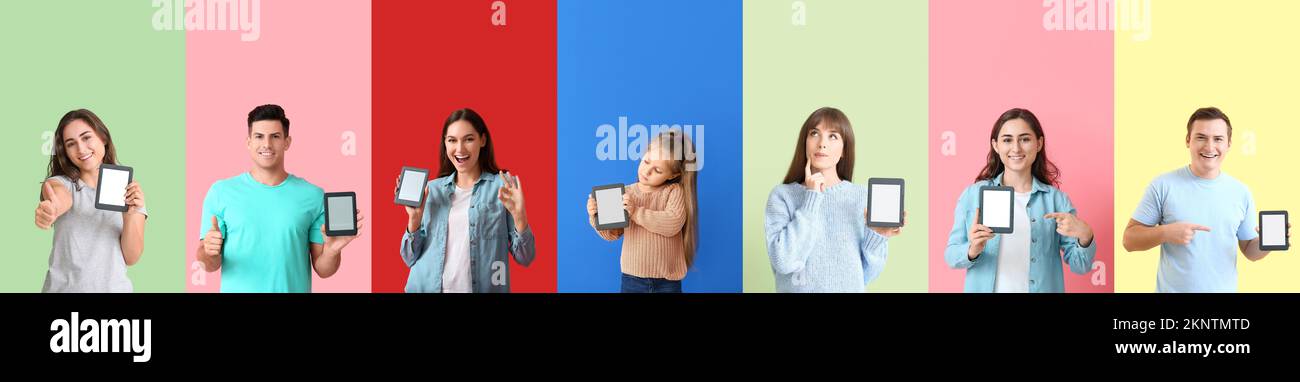 Set di persone diverse con lettori di eBook su sfondo a colori Foto Stock