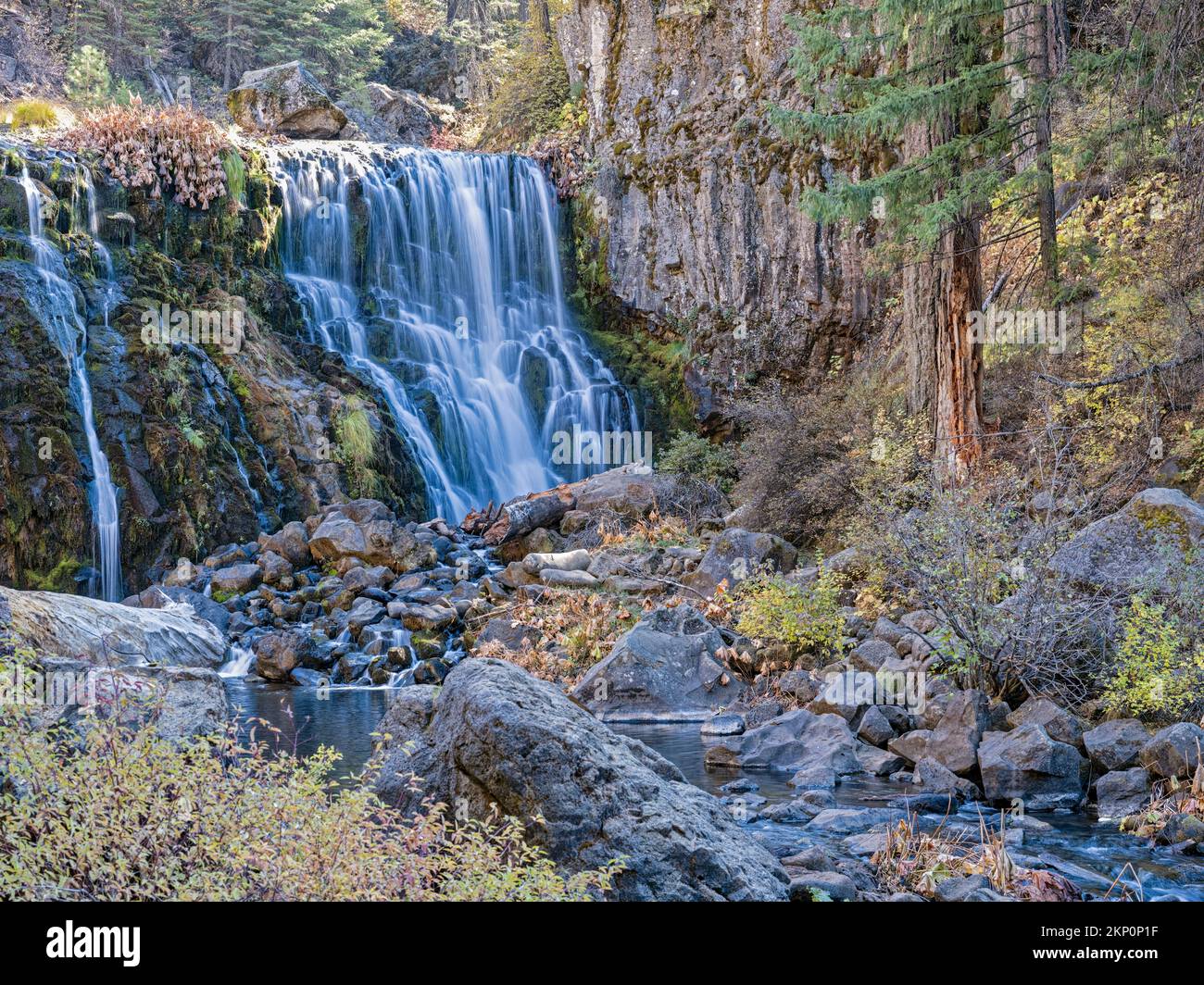 Il fogliame autunnale circonda le Middle Falls sul fiume McCloud nella Shasta Trinity National Forest in California, USA Foto Stock
