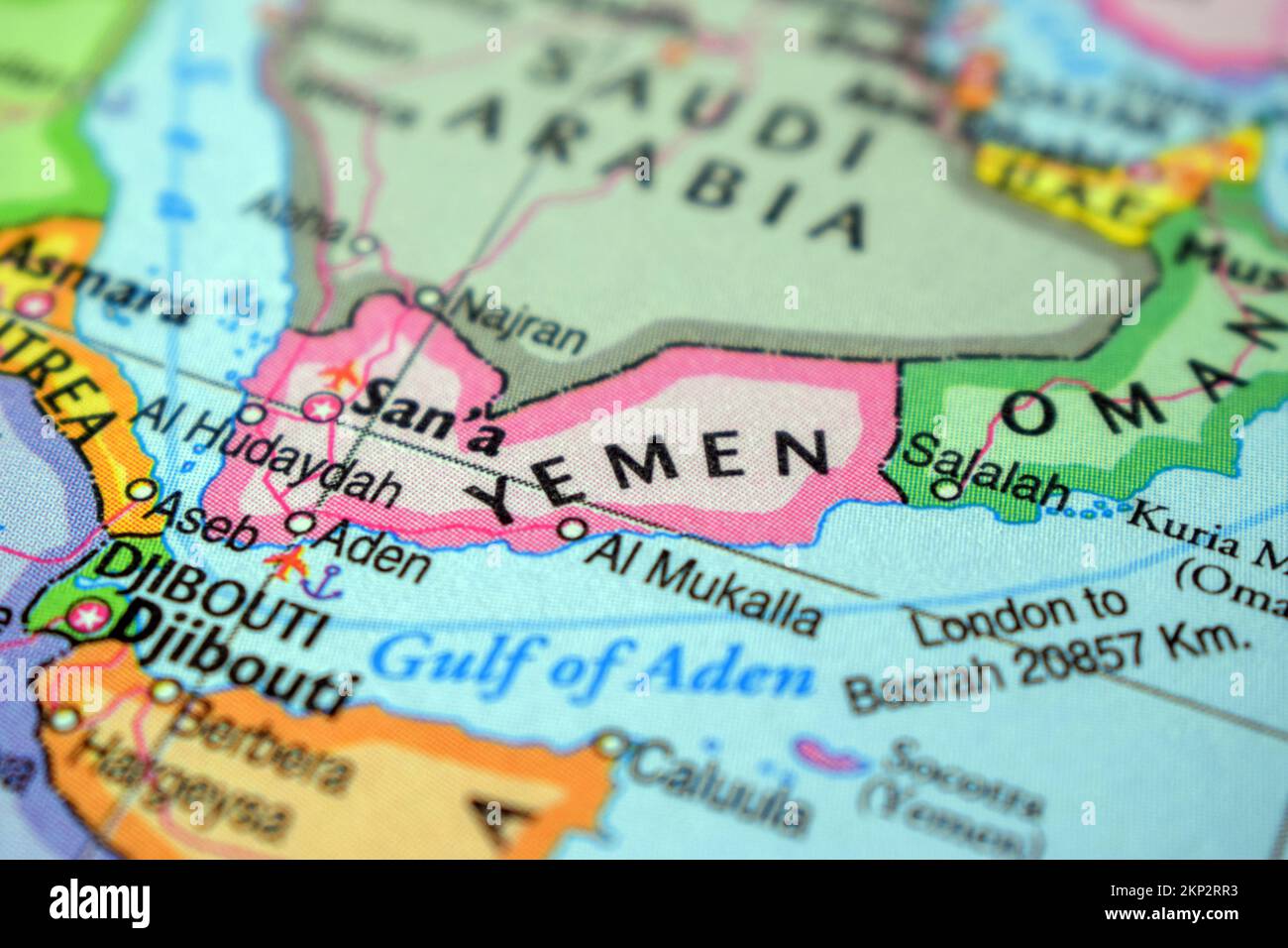Yemen concetto di viaggio Nome del paese sulla mappa del mondo politico molto Macro primo piano Visualizza fotografia d'archivio Foto Stock