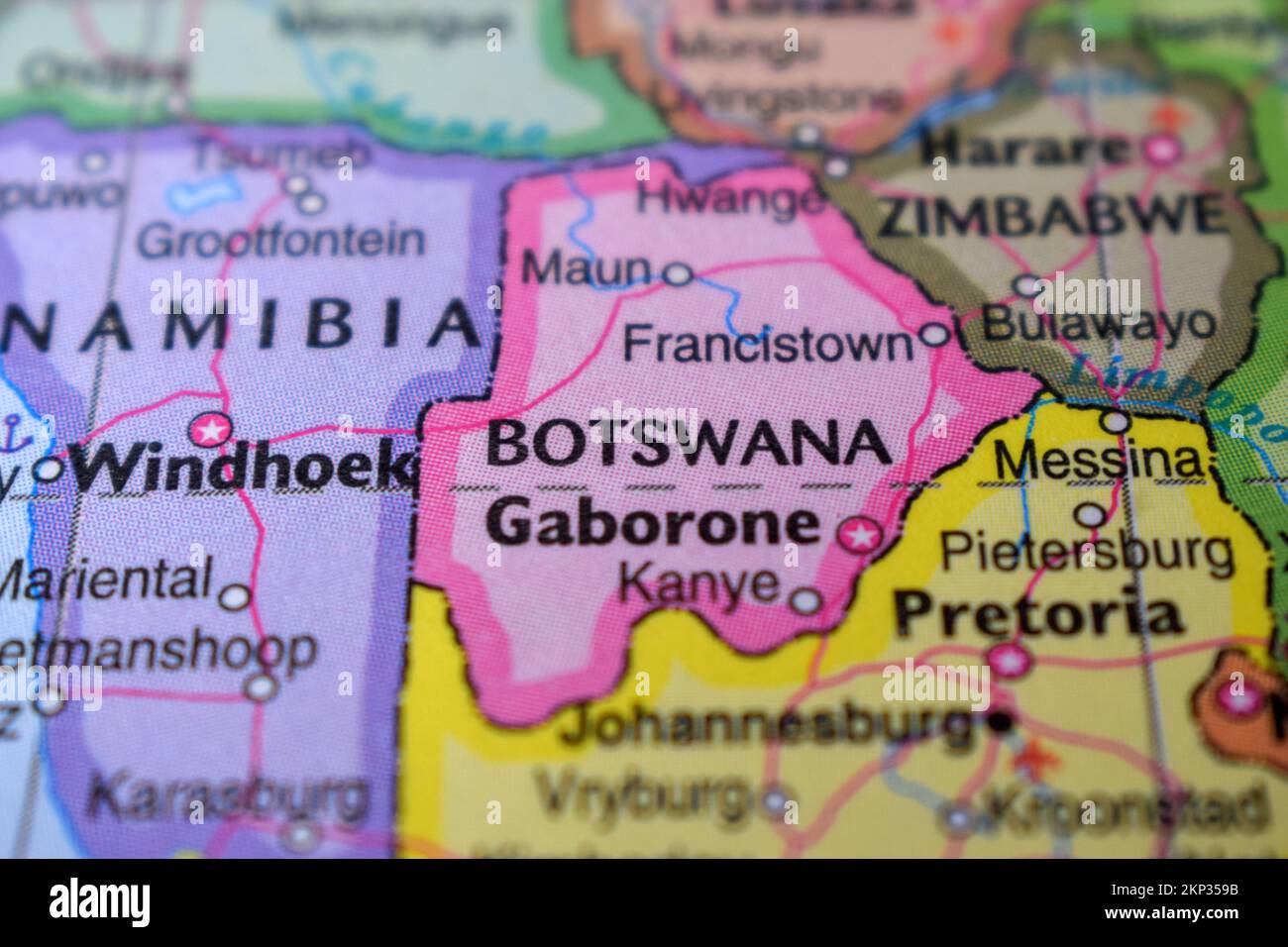 Botswana Travel Concept Country Name on the Political World Map Very Macro Close-Up View Stock photografia Foto Stock