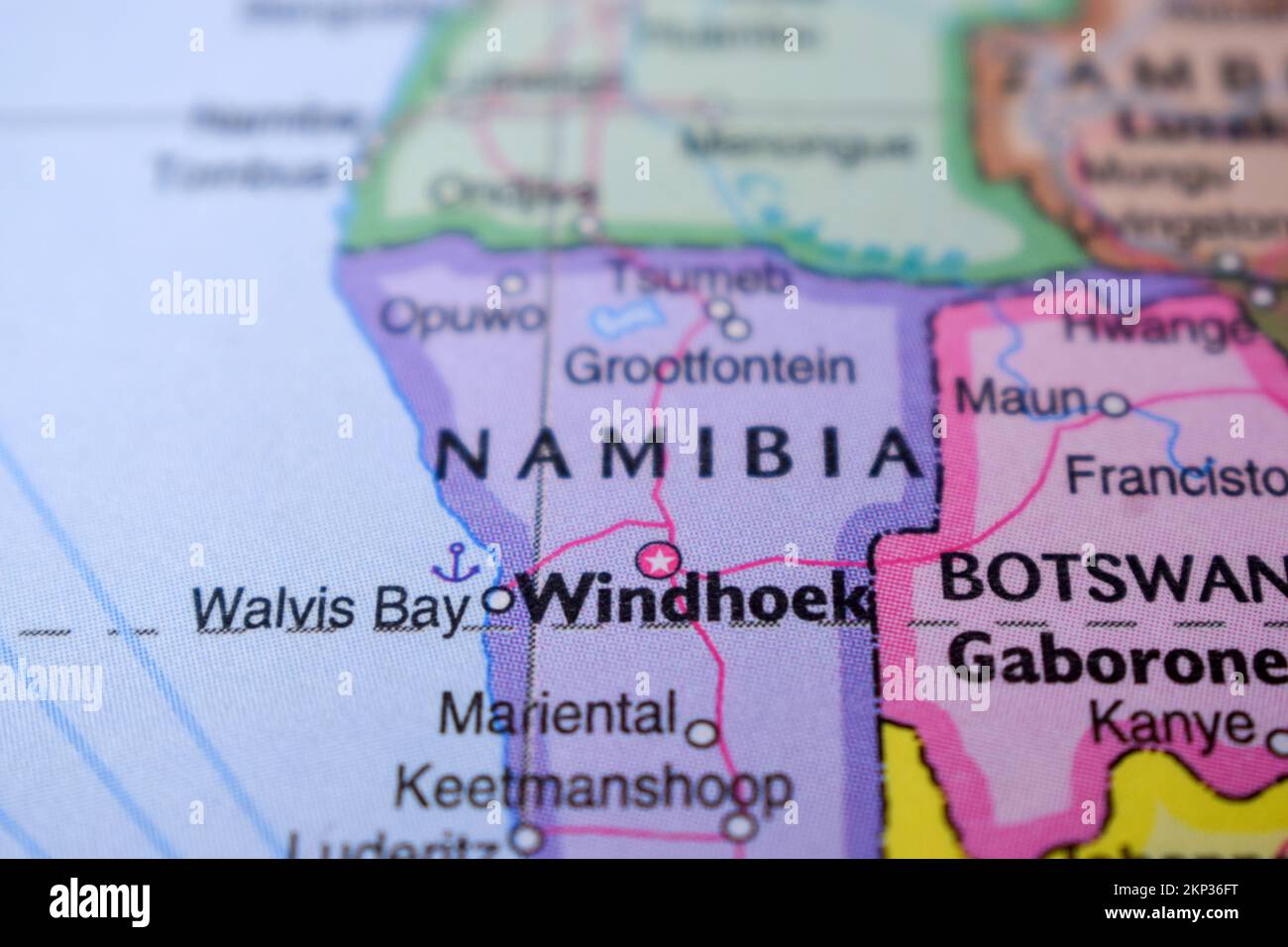 Namibia Travel Concept Paese Nome sulla mappa del mondo politico molto Macro primo piano Visualizza fotografia d'archivio Foto Stock