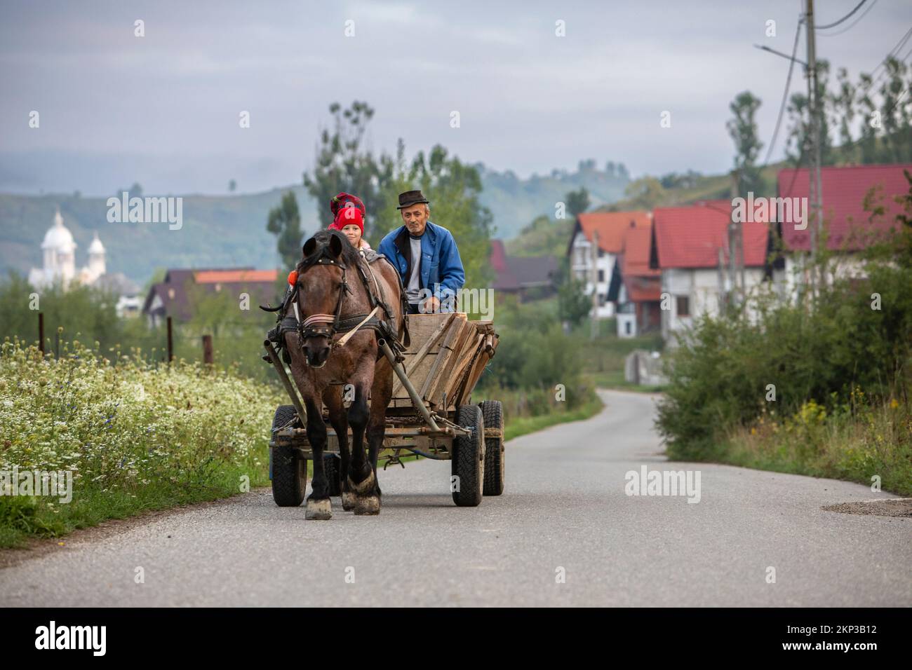 Carretto di cavallo degli agricoltori nel villaggio di Leud, Transilvania, Romania Foto Stock