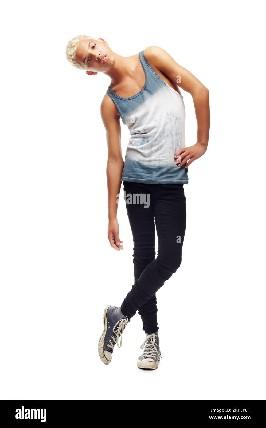 Fiducia giovanile. Un ritratto completo di un giovane elegante, isolato su bianco. Foto Stock