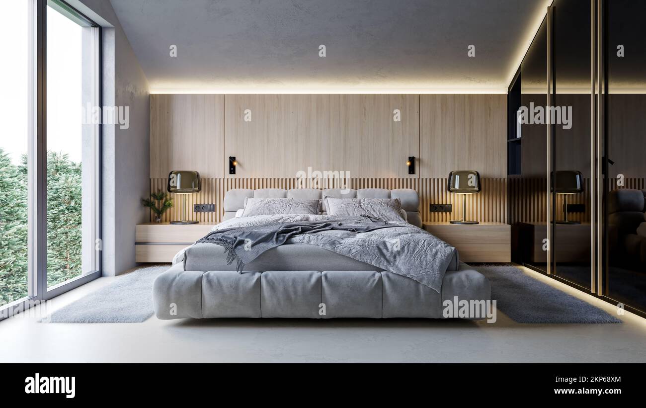 Moderno design interno di camera da letto a soffitto inclinato nella foresta con parete di legno e armadio nero lucido, rendering 3D, 3D illustrazione Foto Stock