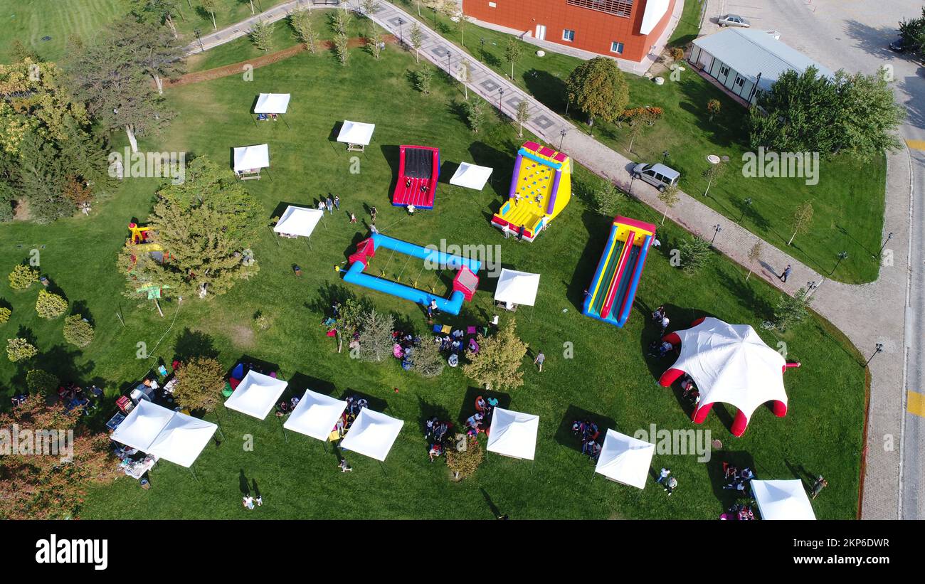 Riprese di droni nell'area del festival Foto Stock