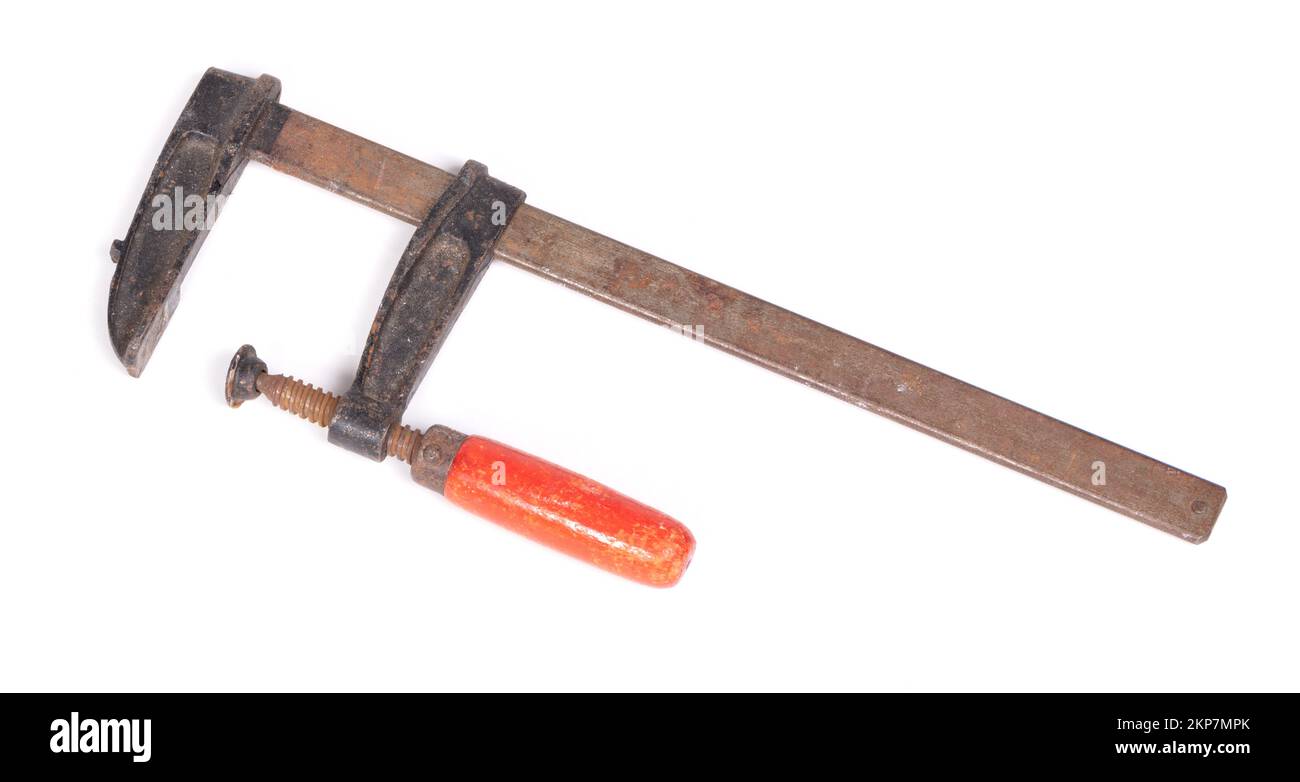 Utensili per legno con morsetto in metallo o morsetto a giunco, isolati su bianco Foto Stock