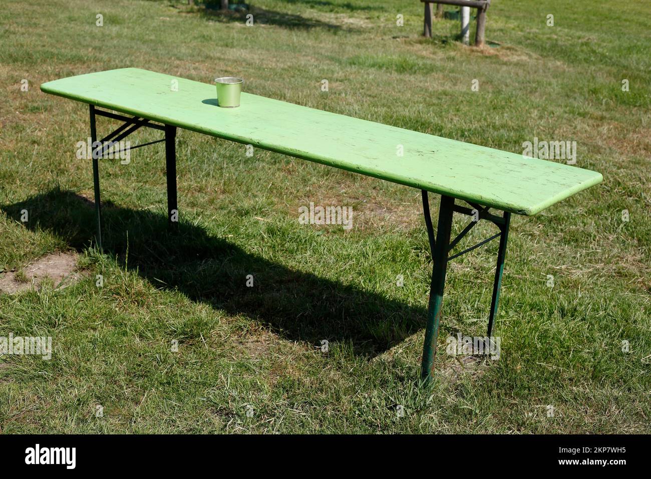 Tavolo verde pieghevole in legno su un prato, Germania Foto Stock