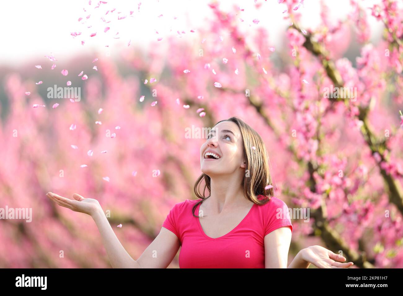 Donna felice che lancia petali rosa all'aria in un campo Foto Stock Donna felice che lancia petali rosa all'aria in un campo Foto Stock