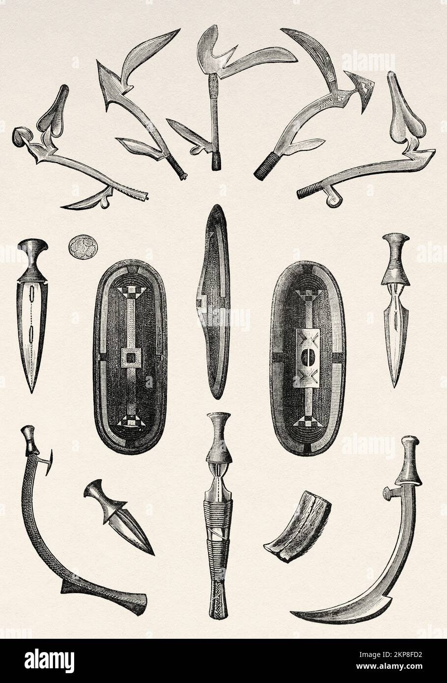 Armi dei guerrieri di Zande. Troumbaches, coltelli, sciabole e scudi, Repubblica Democratica del Congo. Africa. Cuore dell'Africa tre anni di viaggi e avventure nelle regioni inesplorate dell'Africa Centrale di Georg August Schweinfurth, 1868-1871 Foto Stock