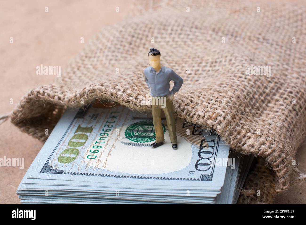 Figurine di uomo in piedi sul fascio di dollaro USA in un sacco Foto Stock