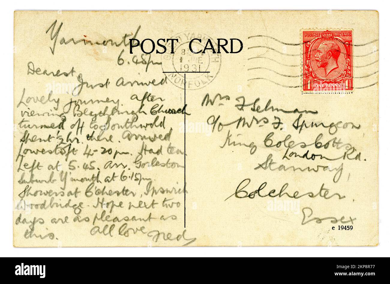 Retro della cartolina originale di auguri postata da Norfolk, Regno Unito Questa carta ha un timbro postale 1d (un centesimo) Red King George V (utilizzato postalmente). Pubblicato / datato 1 giugno 1931. Foto Stock