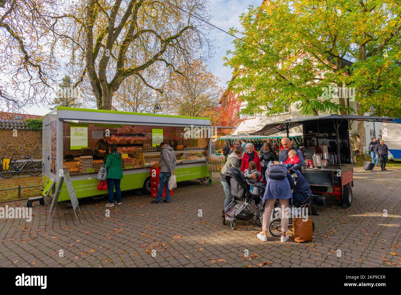 Stuttgart-Möhringen, Stoccarda, distretto di Möhringen, mercato settimanale, autunno, Carrelli, caffè, prodotti agricoli, Baden-Württemberg, Germania, Foto Stock