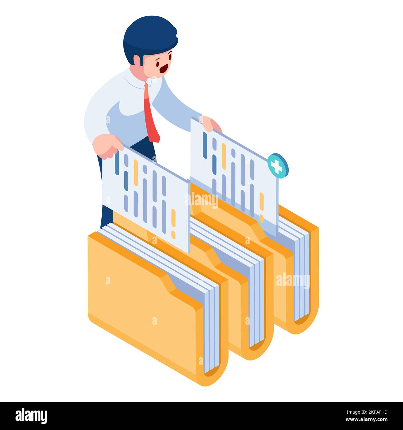 Flat 3D Isometric businessman Gestisci file e cartelle. Concetto di gestione dei file. Illustrazione Vettoriale