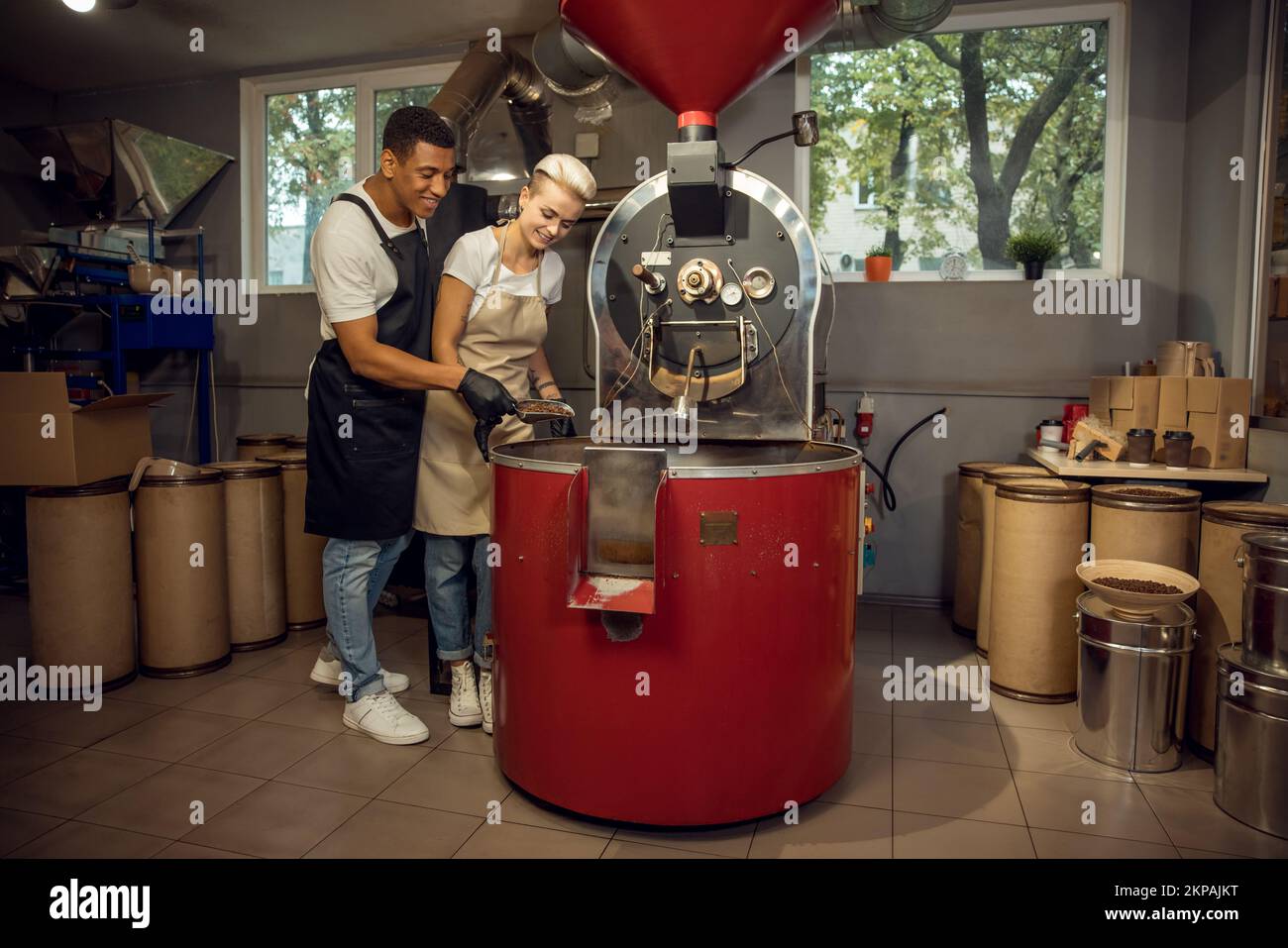 Tostatura che determina il grado di tostatura dei chicchi di caffè Foto Stock