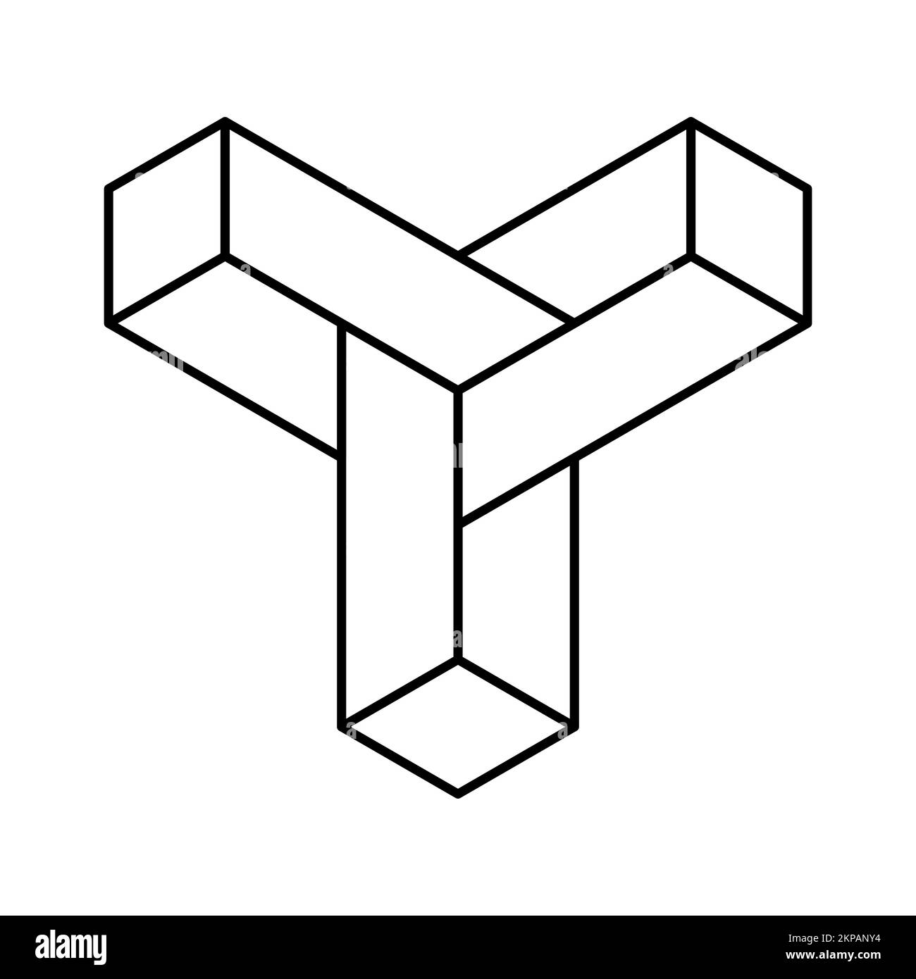 Logo lineare con tre frecce 3D. Modello di logotipo geometrico LLL. Le punte delle frecce si incontrano nel mezzo. Direzione centrale. Elementi di forma poligonale. Illustrazione Vettoriale