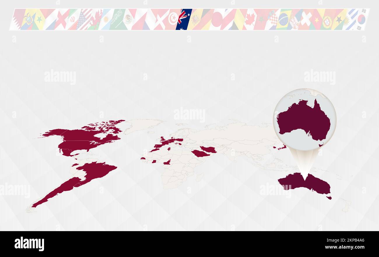 Ingrandisci la mappa dell'Australia selezionata sulla mappa mondiale di prospettiva, infografica sui partecipanti al torneo di calcio. Illustrazione vettoriale. Illustrazione Vettoriale