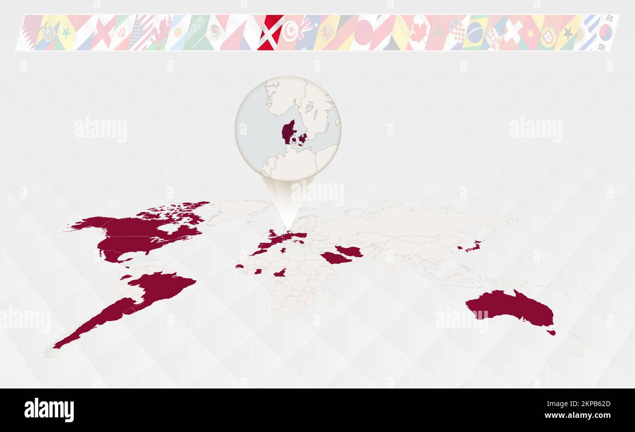 Ingrandisci la mappa della Danimarca selezionata sulla mappa mondiale prospettiva, infografica sui partecipanti al torneo di calcio. Illustrazione vettoriale. Illustrazione Vettoriale