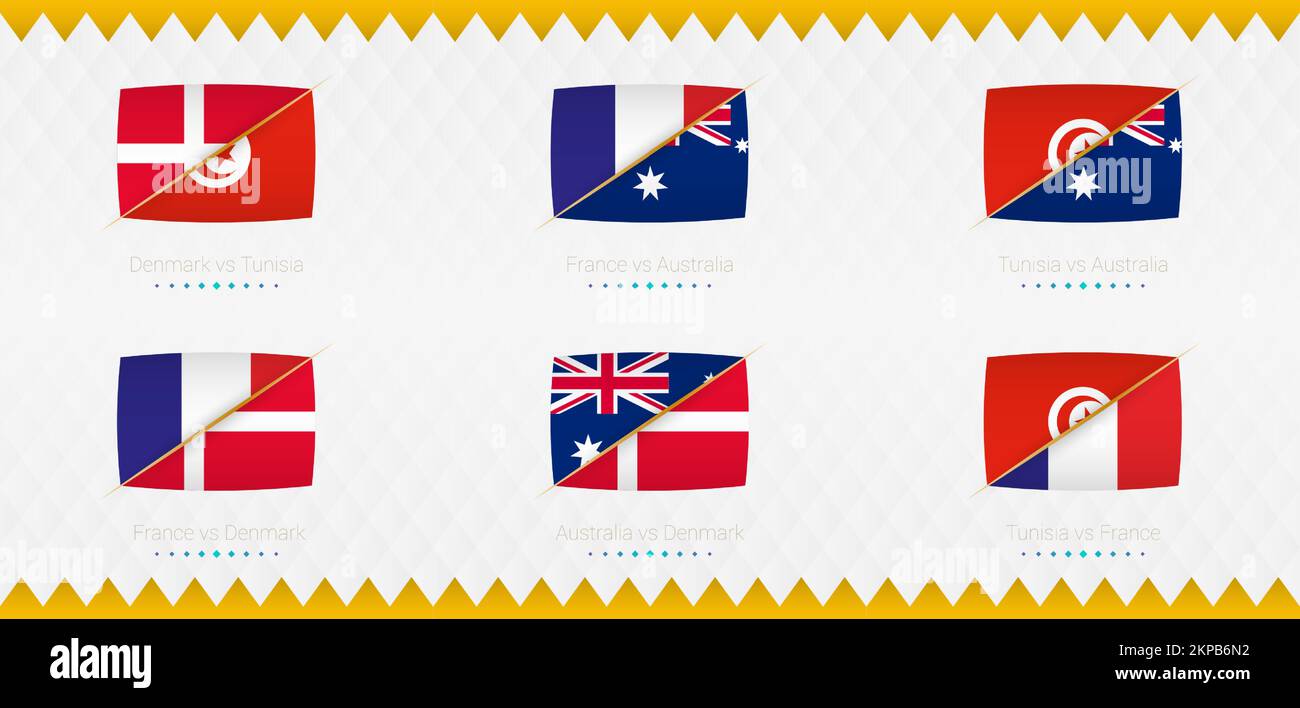 Una serie di icone di partita del Gruppo D del torneo internazionale di calcio del 2022, la bandiera e una serie di icone di partita su uno sfondo astratto. Colletti vettoriali Illustrazione Vettoriale
