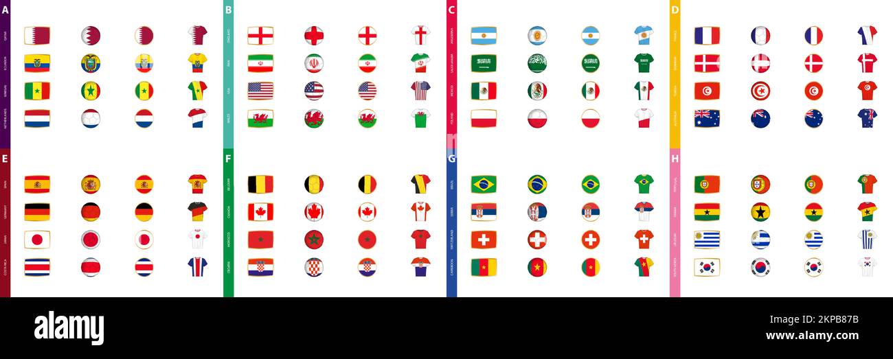 Collezione di bandiere dei tornei di calcio, un grande insieme di bandiere ordinate per gruppo di competizione di calcio. Illustrazione vettoriale. Illustrazione Vettoriale