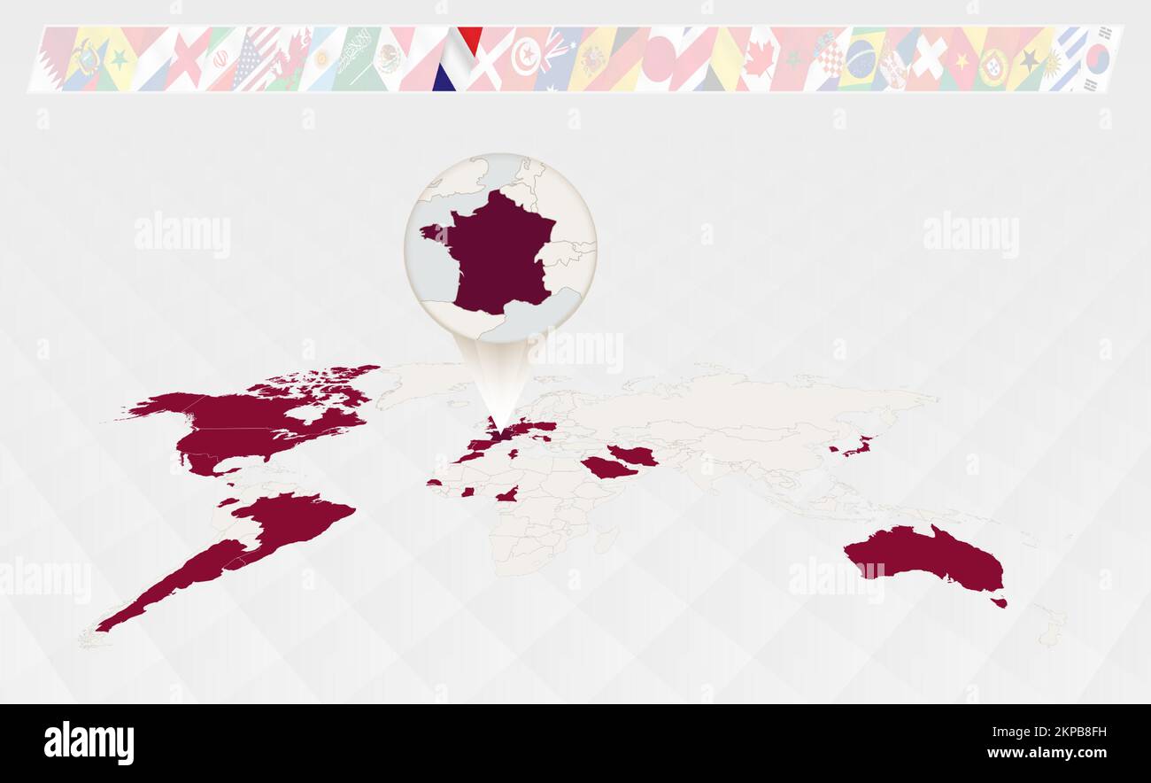 Ingrandisci la mappa della Francia selezionata sulla mappa mondiale prospettiva, infografica sui partecipanti al torneo di calcio. Illustrazione vettoriale. Illustrazione Vettoriale