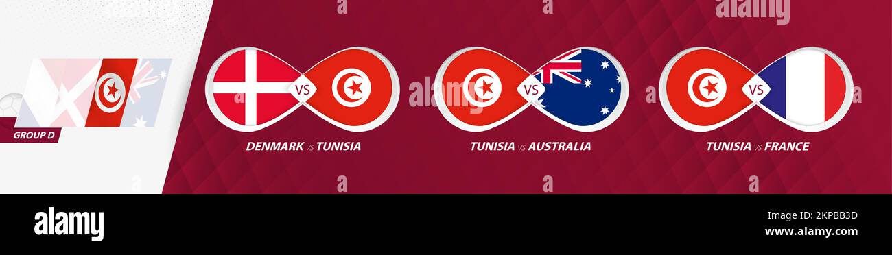 La nazionale tunisina si accoppia nel gruppo D, la competizione calcistica 2022, tutte le partite icona nella fase di gruppo. Illustrazione Vettoriale
