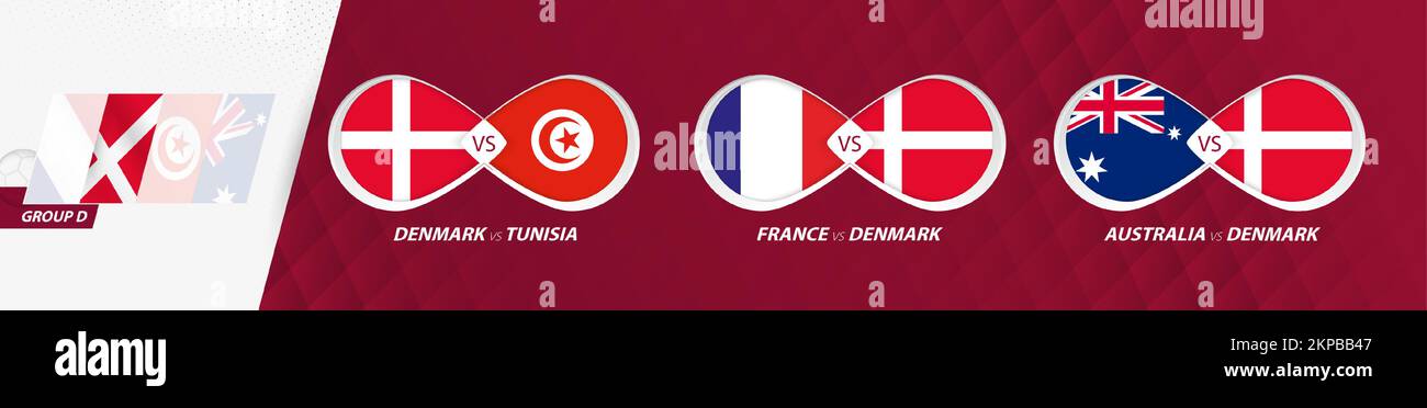 Danimarca partite nazionali nel gruppo D, competizione calcistica 2022, icona di tutte le partite nella fase di gruppo. Illustrazione Vettoriale