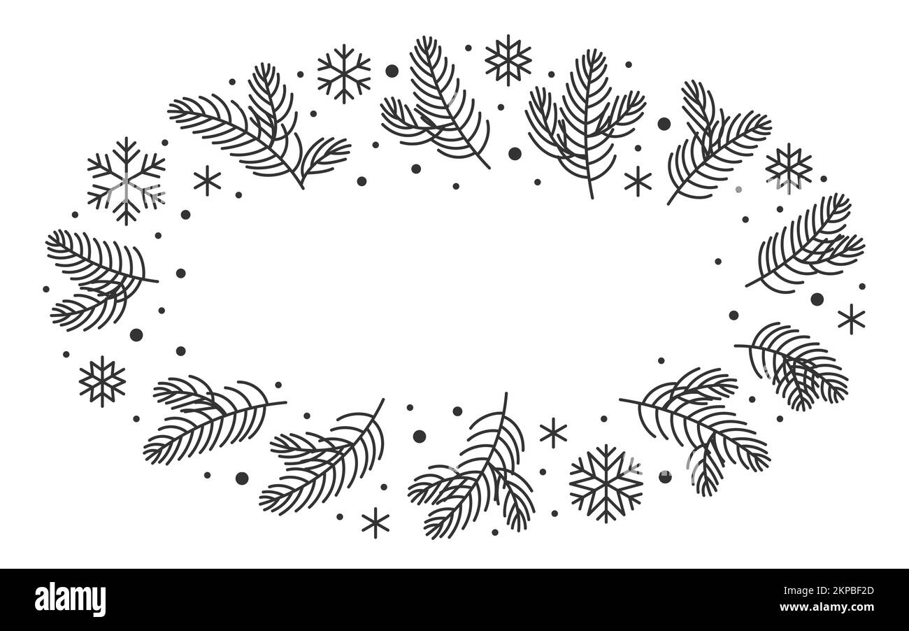 Inverno abete pino ramoscelli bordo schizzo. Cornice floreale lineare decorata con spazio copia, rami di albero di Natale, cordoncini di neve su bianco per la carta di Natale, banner per feste, buoni sconto, buoni regalo Illustrazione Vettoriale