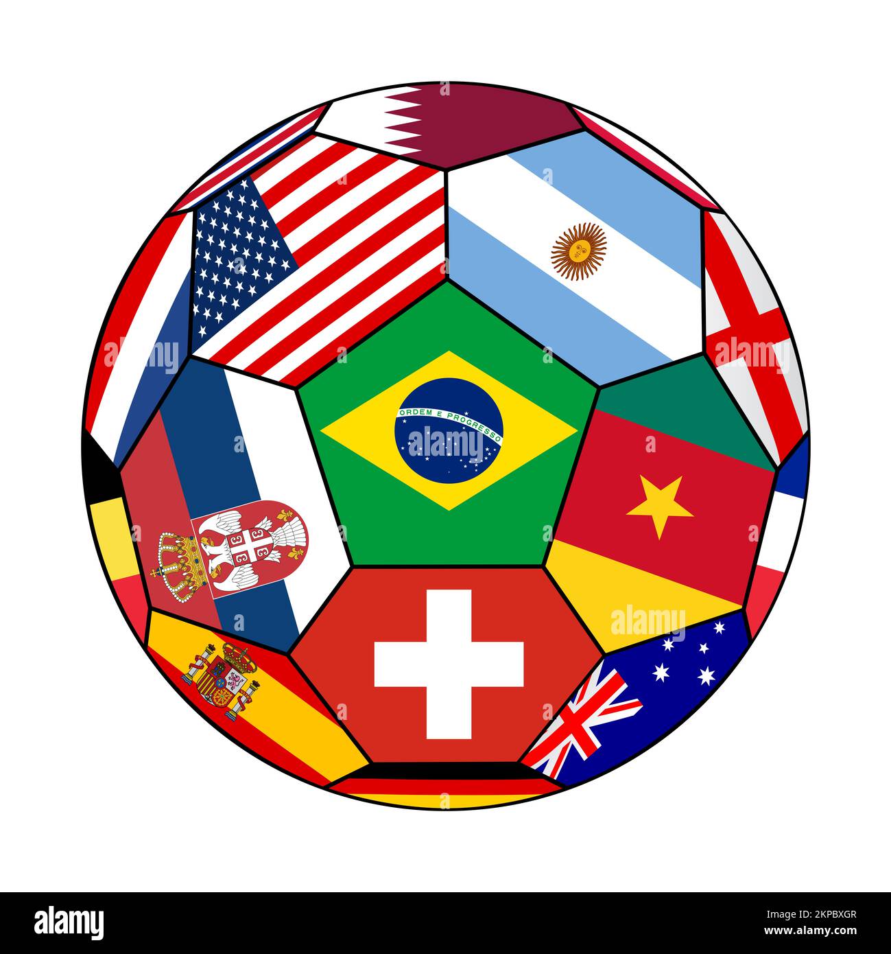Pallone da calcio con varie bandiere - Qatar 2022 Foto Stock
